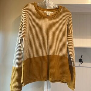 Max Studio Cream and Yellow Crew Neck Sweater with Ribbed Texture